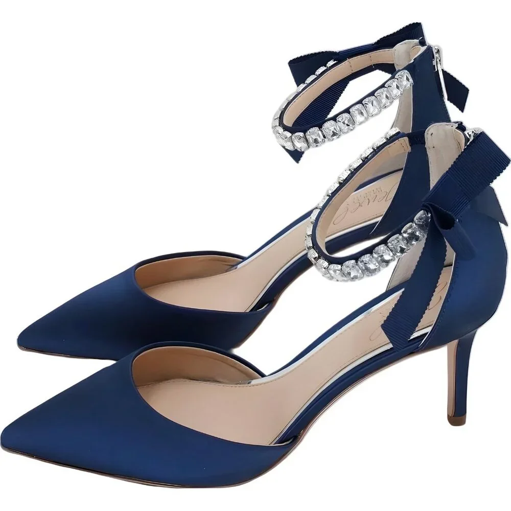 Jewel Badgley Mischka Jaycee Rhinestone Bow Heels Navy Women's US 6.5 - Picture 2 of 6